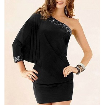 Solid Color Sexy One-Shoulder Batwing Sleeve Packet Buttock Dress For Women black