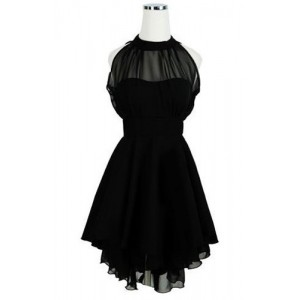 Solid Color Sleeveless Backless Round Collar Mesh Splicing Irregular Hem Dress For Women black red