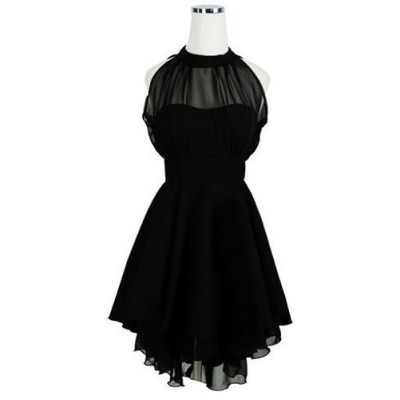 Solid Color Sleeveless Backless Round Collar Mesh Splicing Irregular Hem Dress For Women black red