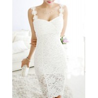 Solid Color Sweet Sweetheart Neck Flower Design Packet Buttock Lace Dress For Women white black