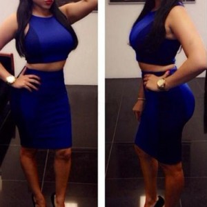 Solid Color Trendy Scoop Neck Tank Top + Skirt For Women blue