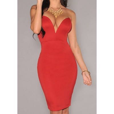 Strapless Sleeveles Plunging Neck Solid Color Packet Buttock Dress For Women red rose black