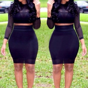 Stripes Trendy Round Neck Long Sleeve T-Shirt + Skirt For Women black
