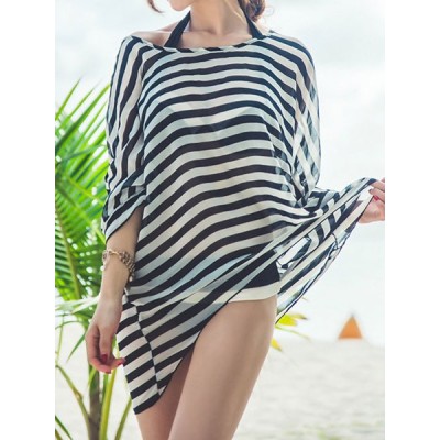 Stylish Halter Neck Color Block Bikini Set + Striped Blouse Three-Piece Suit For Women