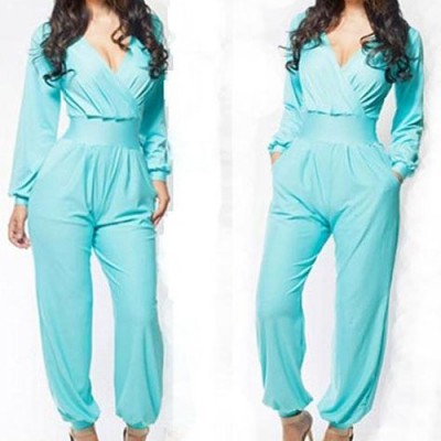 Stylish Plunging Neck Long Sleeve Solid Color Jumpsuit For Women Blue