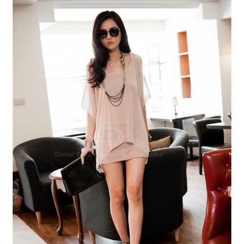 Stylish Scoop Neck Off-The-Shoulder Chiffon Splicing Faux Twinset Dress ...
