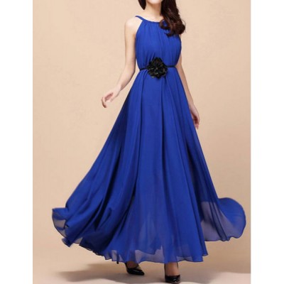 Stylish Women's Jewel Neck Solid Color Chiffon Dress blue