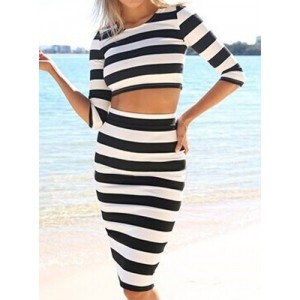 Stylish Women's Round Neck Striped Crop Top and Skirt Suit black white