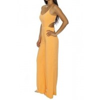 Stylish Women's Spaghetti Strap Hollow Out Solid Color Jumpsuit yellow