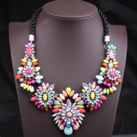 Unique Colorful Gemstone Flower Pendants Women's Fashion Rope Necklace Colorful Black