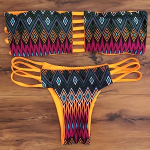 Attractive Strapless Colorful Lozenge Print Bikini Set For Women