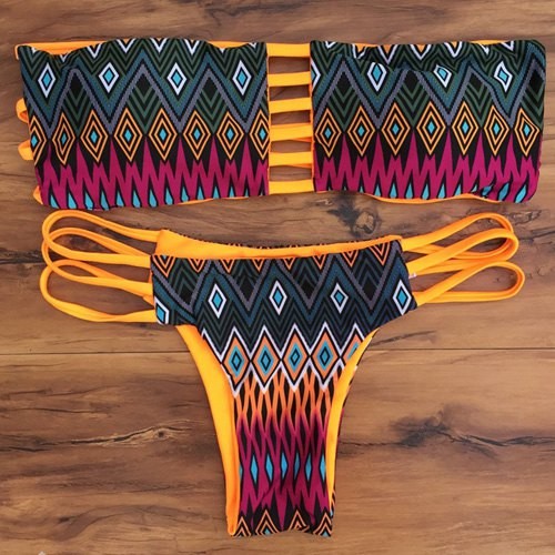 Attractive Strapless Colorful Lozenge Print Bikini Set For Women ...