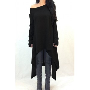 Casual Skew Neck Long Sleeve Solid Color Asymmetric Dress For Women black