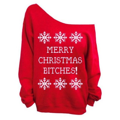 Charming Skew Neck Letter and Snowflake Printed Christmas Sweatshirt For Women BLACK, GREEN, RED, ROSE