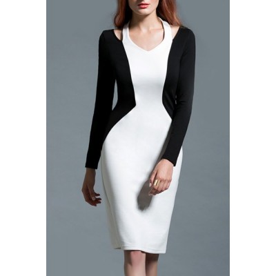 Charming V-Neck Long Sleeve Black and White Spliced Cut Out Dress For Women white
