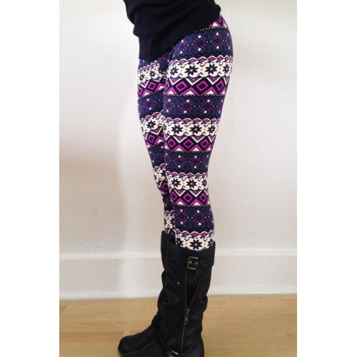 Chic Color Block Geometrical Print Skinny Leggings For Women purple ...
