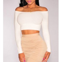 Chic Solid Color Low-Cut Off-The-Shoulder Long Sleeve Bodycon Crop Top For Women black white