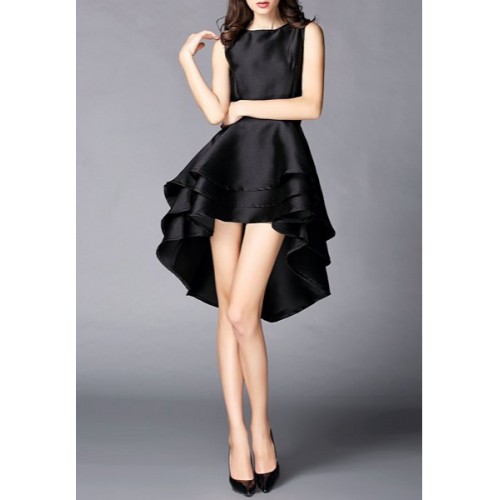 Elegant Black Round Collar High Low Hem Sleeveless Dress For Women ...