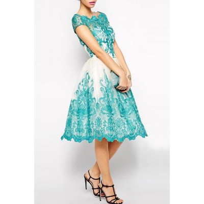 Elegant Jewel Neck Short Sleeve Hollow Out Spliced Lace Dress For Women