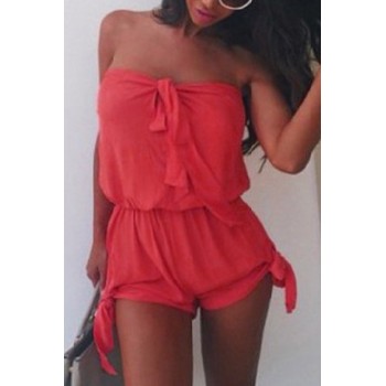 Endearing Strapless Pure Color Bowknot Elastic Waist Rompers For Women black red
