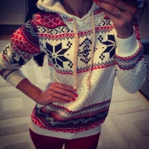Ethnic Snowflakes Thicken Long Sleeve Stylish Hoodie For Women white