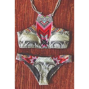 Ethnic Style Women s Halter Geometrical Print Bikini Set