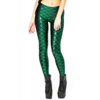 Fish Scale High-Waisted Slimming Trendy Style Women's Leggings green blue