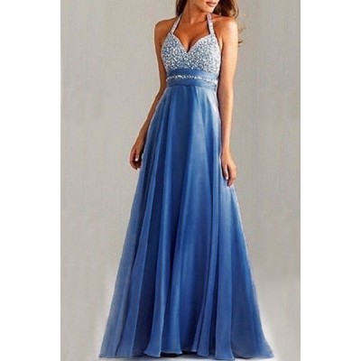Graceful Sequined Halter Backless High Waist Pleated Prom Dress For Women