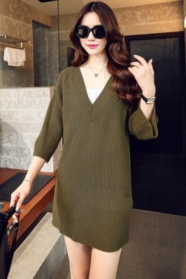 Green V-Neck Ribbed Pullover Sweater Dress