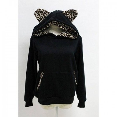 Hooded Long Sleeves Cotton Blend Sweet Style Leopard Print Hoodie For Women black