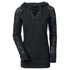 Lace Splicing Lace-Up Long Sleeve Stylish Hoodie For Women black