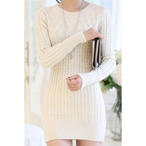 Long Sleeves Solid Color Sweater Stylish Dress For Women white blue