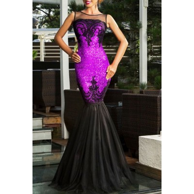 Noble Round Neck Sleeveless See-Through Sequined Fishtail Dress For Women