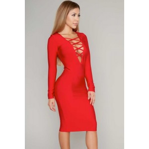 Red Sexy Bold V Neck Criss Cross Bust Bandage Dress