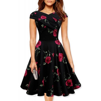 Retro Style Women's V-Neck Rose Print Short Sleeve Ball Dress