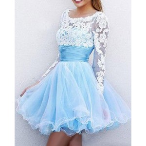 Scoop Neck Long Sleeves Lace Splicing Backless Sweet Dress For Women light blue