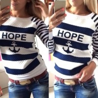 Scoop Neck Long Sleeves Striped Letter Print Stylish Sweatshirt For Women blue