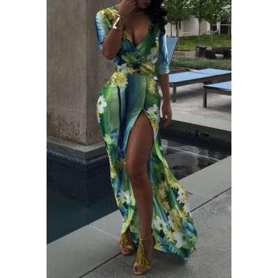 Sexy Colorful Print Plunging Neck High Slit Maxi Dress For Women green