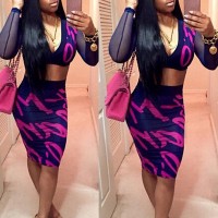 Sexy Plunging Neck Short Blouse +Scrawl Print Bodycon Skirt Twinset For Women purple