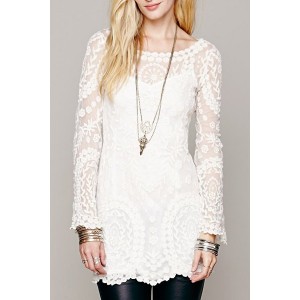 Sexy Scoop Collar Long Sleeve See-Through Solid Color Lace Dress For Women black white
