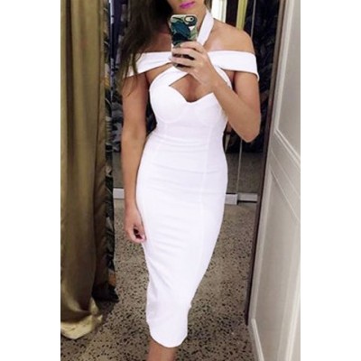 Sexy Sleeveless Hollow Out Solid Color Bodycon Dress For Women white