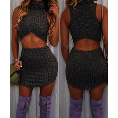 Sexy Sleeveless Turtle Neck Crop Top + High-Waisted Bodycon Skirt Twinset For Women black