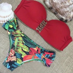 Sexy Strapless Sleeveless Tropical Print Bikini Set For Women red