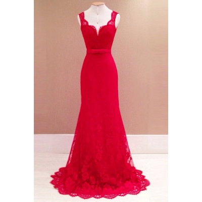 Solid Color Backless Elegant Sweetheart Neck Sleeveless Lace Maxi Dress For Women red