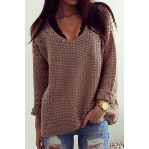 Solid Color Casual V-Neck Long Sleeves Pullover Sweater For Women brown