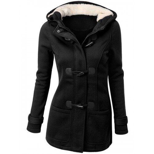 Solid Color Double-Pocket Flocking Casual Hooded Long Sleeve Coat For ...