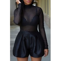 Striped See-Through Sexy Turtle Neck Long Sleeve Romper For Women