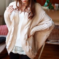 Stylish Collarless Cable-Knit Dolman Sleeve Cardigan For Women white