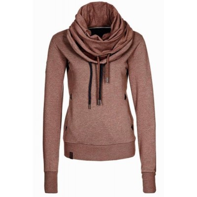 Stylish Cowl Neck Long Sleeve Solid Color Sweatshirt For Women brown