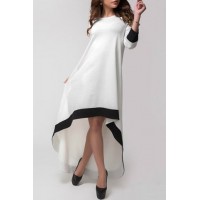 Stylish Jewel Collar 3/4 Sleeve Asymmetrical Color Block Dress For Women white black